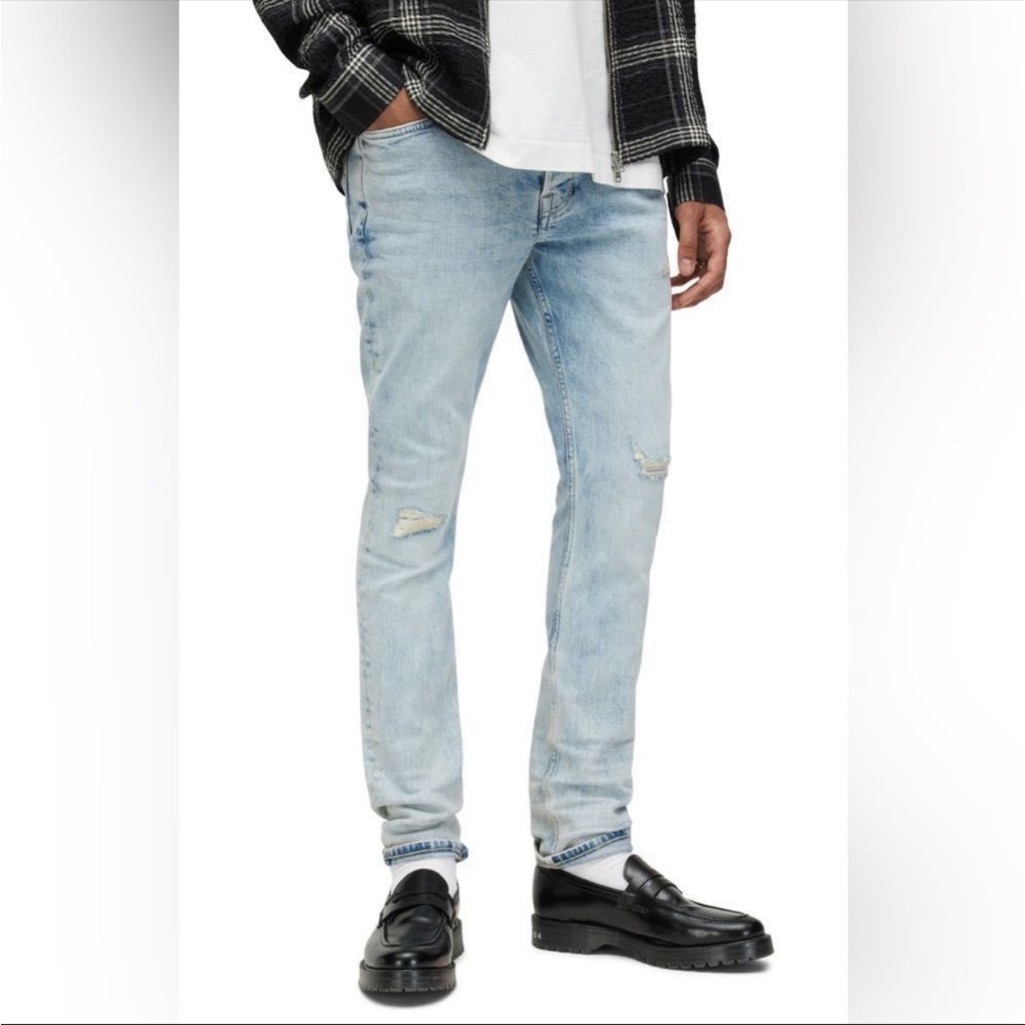 All Saints Distressed Blue Acid Wash Cigarette Skinny Fit Men's Jeans